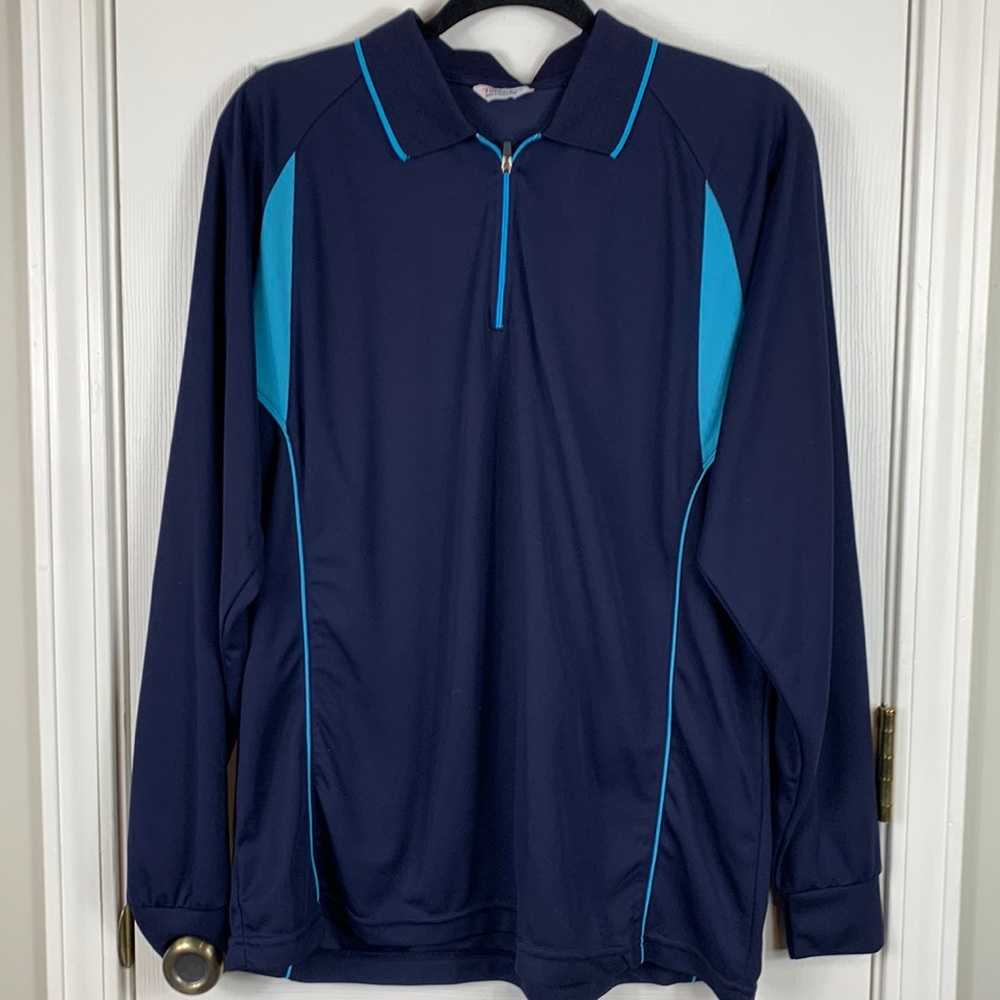 Tworoy navy blue/light blue trim long sleeved 1/4 zip pullover shirt size 2XL